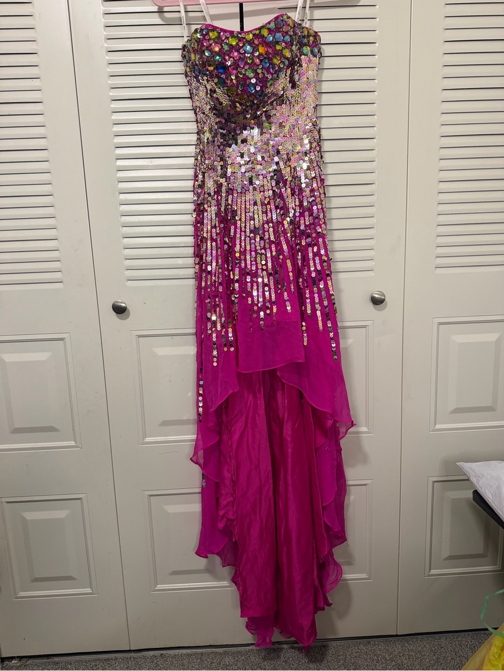 Sherri Hill Fuchsia Strapless Sequin High-Low Gown - Picture 3 of 9